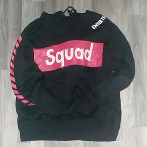 A black "Squad" hoodie.